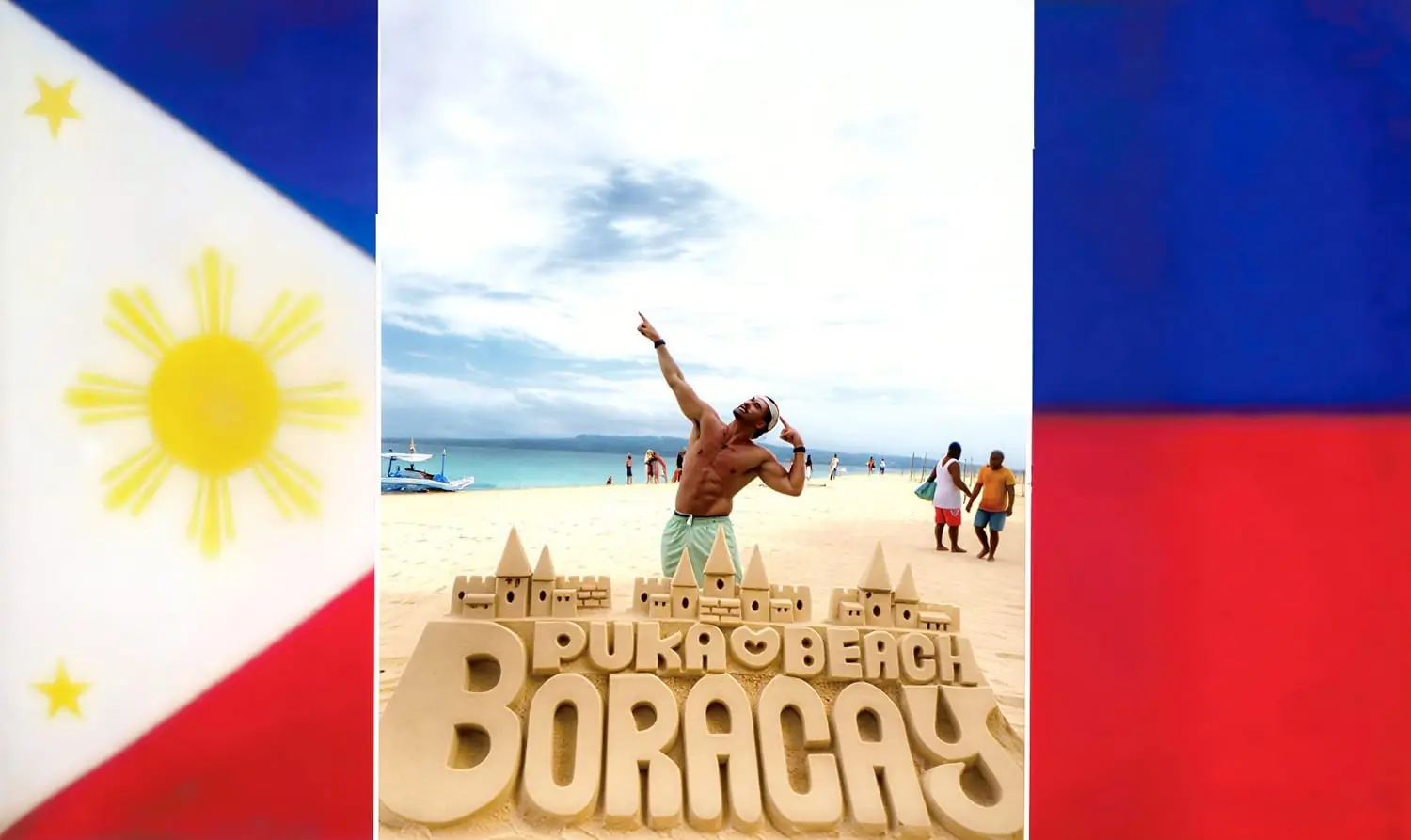 Jordan on Puka Beach in Boracay, framed by the Philippine flag